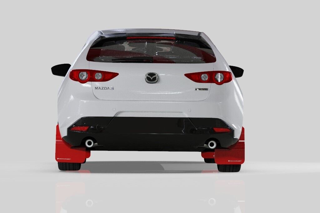 Rally Armor UR Red Mud Flaps w/ White Logo for 2019-2023 Mazda 3 Hatchback