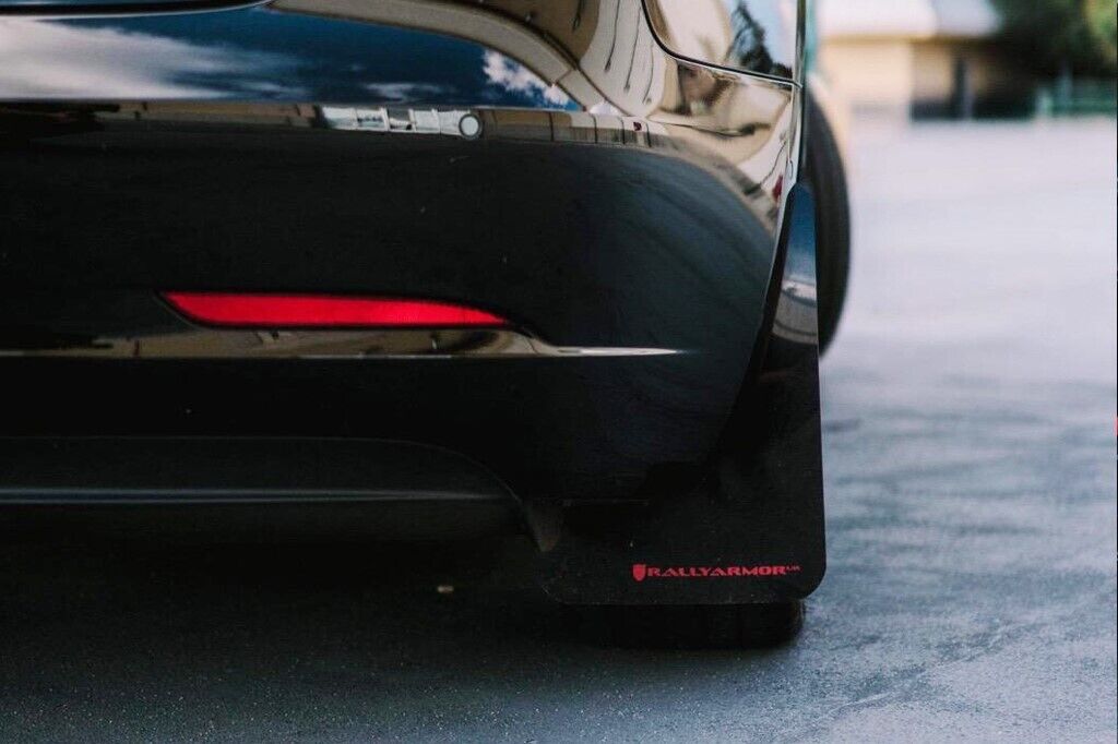 Rally Armor UR Black Mud Flaps w/ White Logo for 2017-2022 Tesla Model 3