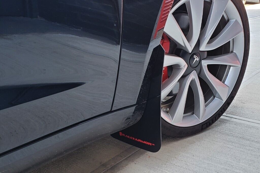 Rally Armor UR Black Mud Flaps w/ Red Logo for 2017-2022 Tesla Model 3