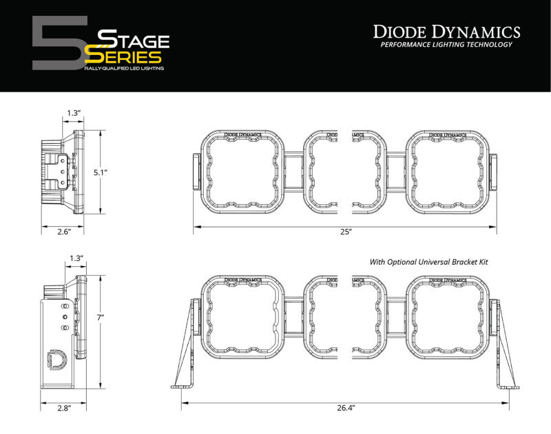 Diode Dynamics Fits SS5 Sport Universal CrossLink 4-Pod Lightbar - Yellow Combo