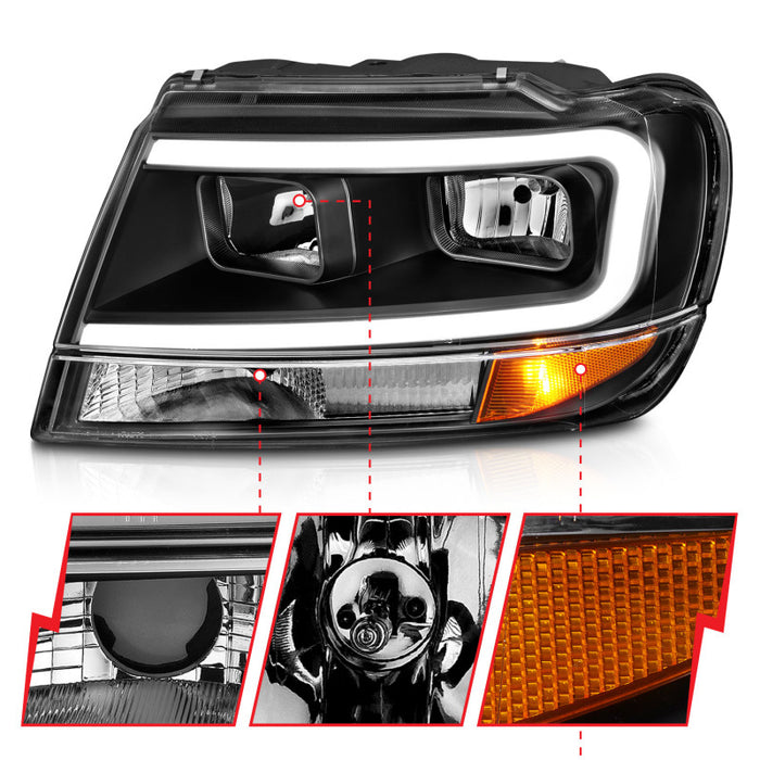 Anzo Fits 99-04 Jeep Grand Cherokee Crystal Headlights - W/ Light Bar Black