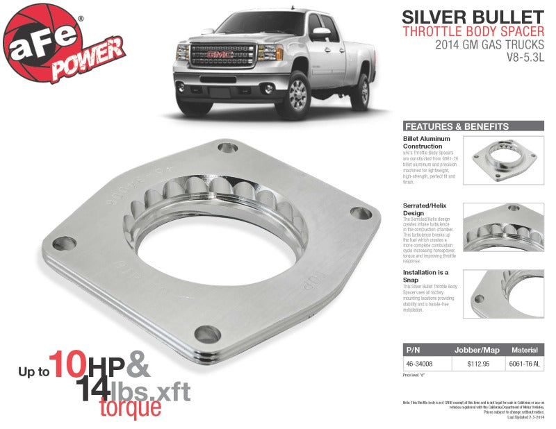 aFe Fits Silver Bullet Throttle Body Spacers TBS 2014 GM Silverado/Sierra 1500