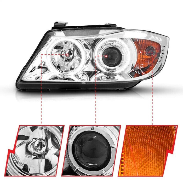 Anzo 121336 Projector Headlights Chrome Halo LED For 06-08 BMW 3 Series E90/E91