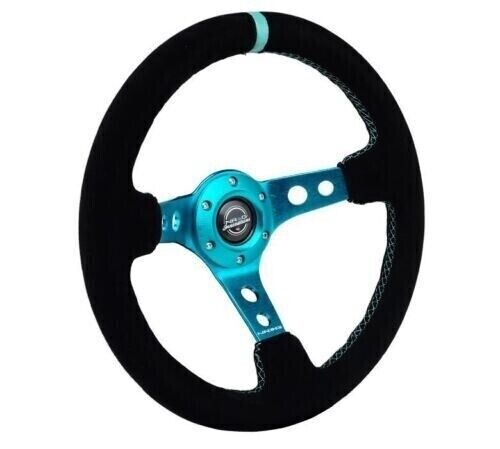 NRG Steering Wheel 350mm/ 3in. Deep Black Suede Teal Center RST-006S-TL