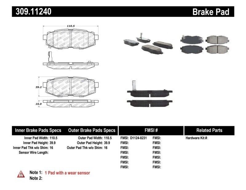 StopTech 309.11240 Sport Performance Rear Brake Pads for 13-14Subaru Outback