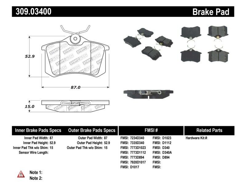 StopTech 309.03400 Sport Disc Brake Pad Set with Shims For 2011-2017 Audi A1