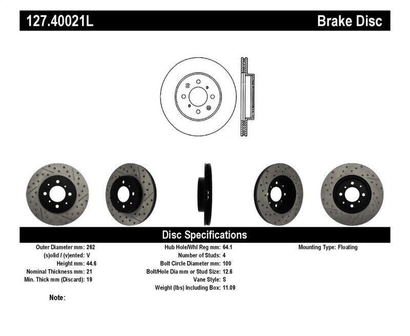 StopTech 127.40021L Sport Cross-Drilled And Slotted Disc Brake Rotor