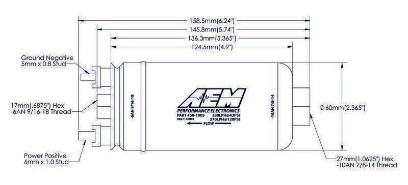 AEM 50-1005 400LPH Inline High Flow Fuel Pump - Inlet -8 AN and -6AN Outlet