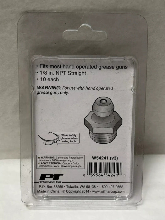 New Performance Tool Grease Fittings 1/8" NPT Straight 10-PACK #W54241 (S8)