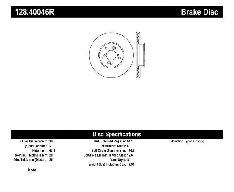 StopTech 128.40046R Sport Cross-Drilled Disc Brake Rotor