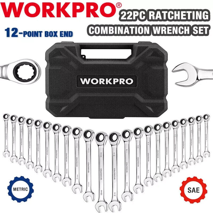 WORKPRO 22 PIECES Ratcheting Combination Wrench Set CR-V Combo Wrench Metric SAE