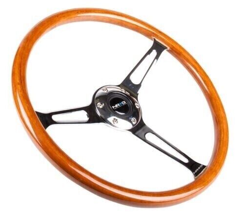 NRG 360mm Classic Wood Grain Reinforced Sport Steering Wheel W/ 3 Chrome Spokes