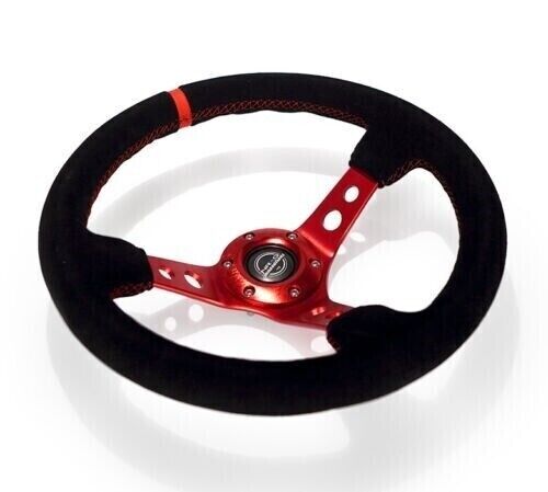 NRG 350mm Black Suede Red Stripe Steering Wheel W/3 Red Spokes RST-006S-RD