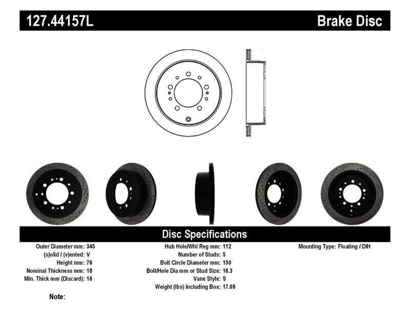 StopTech 127.44157L Sport Drilled & Slotted Rear Left Disc Brake Rotor