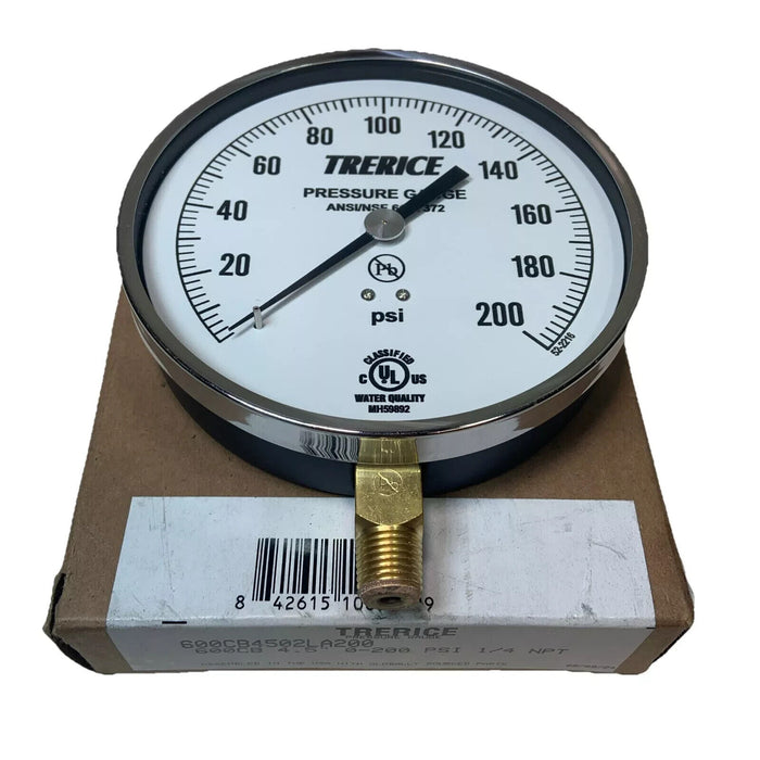 Trerice 600CB4502LA130 Contractor Gauge 4.5" dial 200 psi 1/4" NPT Brass Connect