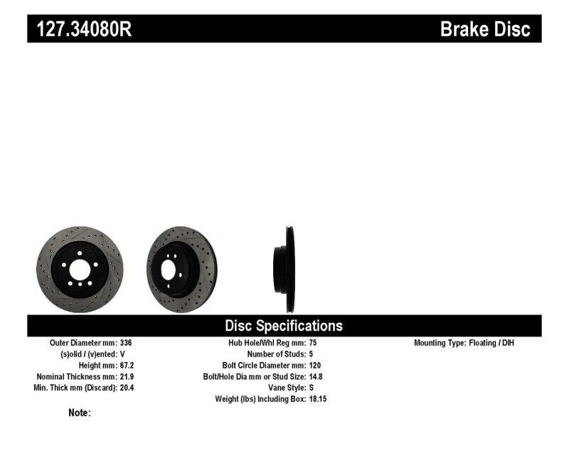 StopTech 127.34080R Sport Drilled & Slotted Rear Right Disc Brake Rotor