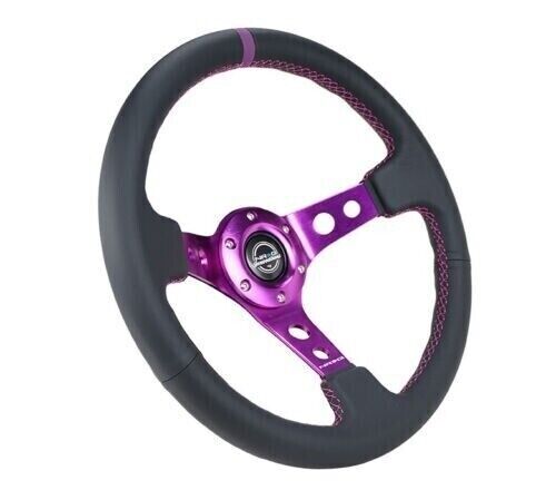 NRG 350mm 3"Deep Blck Leather Purple Stripe Reinforced Wheel W/3 Purple Spokes