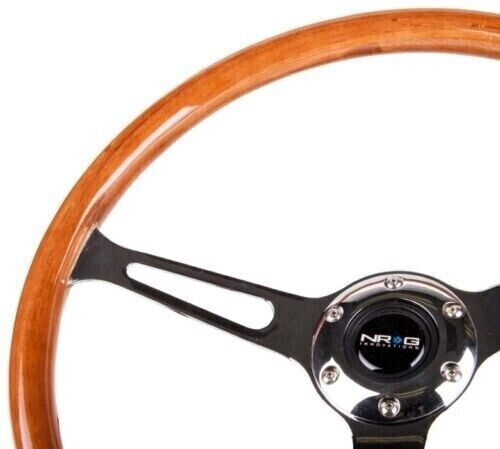 NRG 360mm Classic Wood Grain Reinforced Sport Steering Wheel W/ 3 Chrome Spokes