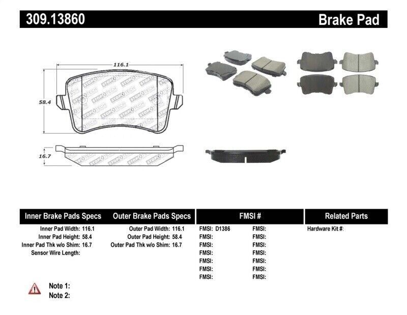 StopTech 309.13860 Sport Disc Brake Pad Set with Shims and Hardware