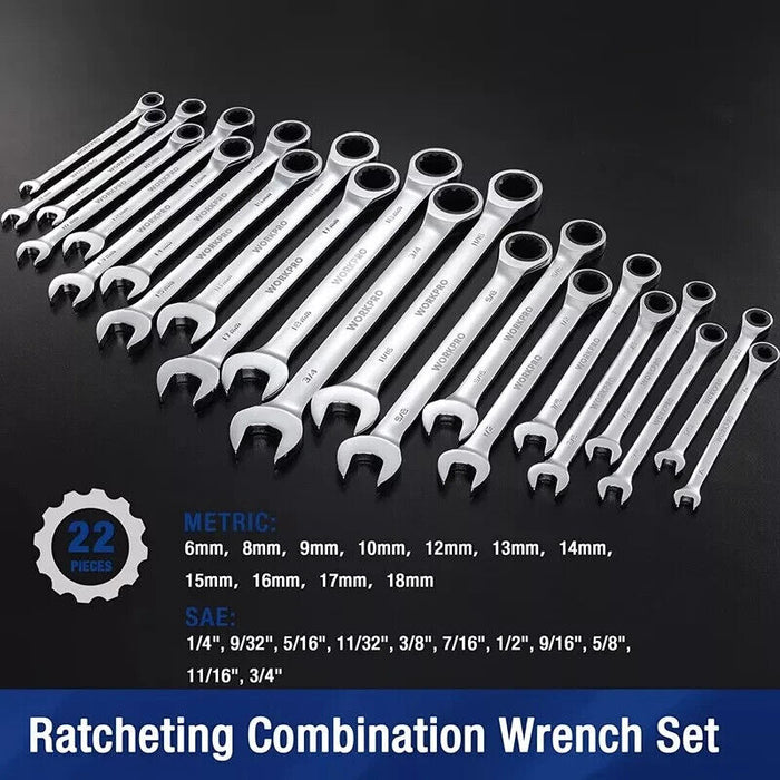 WORKPRO 22 PIECES Ratcheting Combination Wrench Set CR-V Combo Wrench Metric SAE