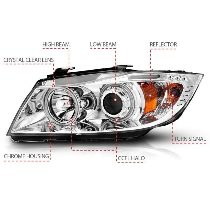 Anzo 121336 Projector Headlights Chrome Halo LED For 06-08 BMW 3 Series E90/E91