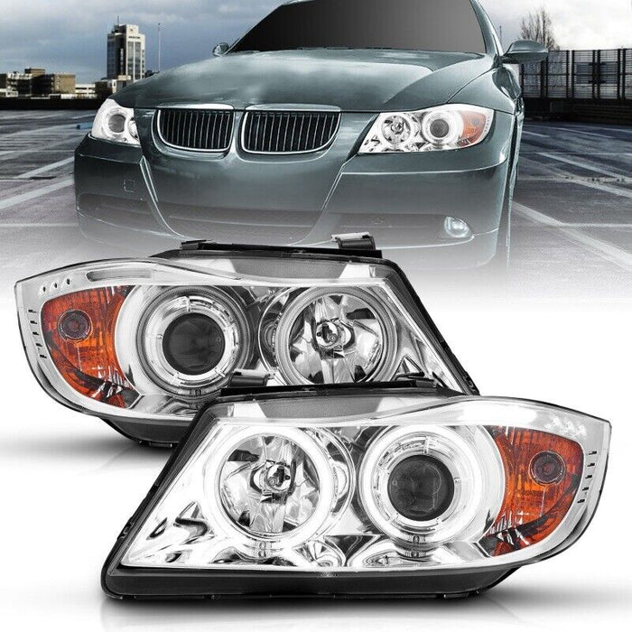Anzo 121336 Projector Headlights Chrome Halo LED For 06-08 BMW 3 Series E90/E91