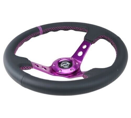 NRG 350mm 3"Deep Blck Leather Purple Stripe Reinforced Wheel W/3 Purple Spokes