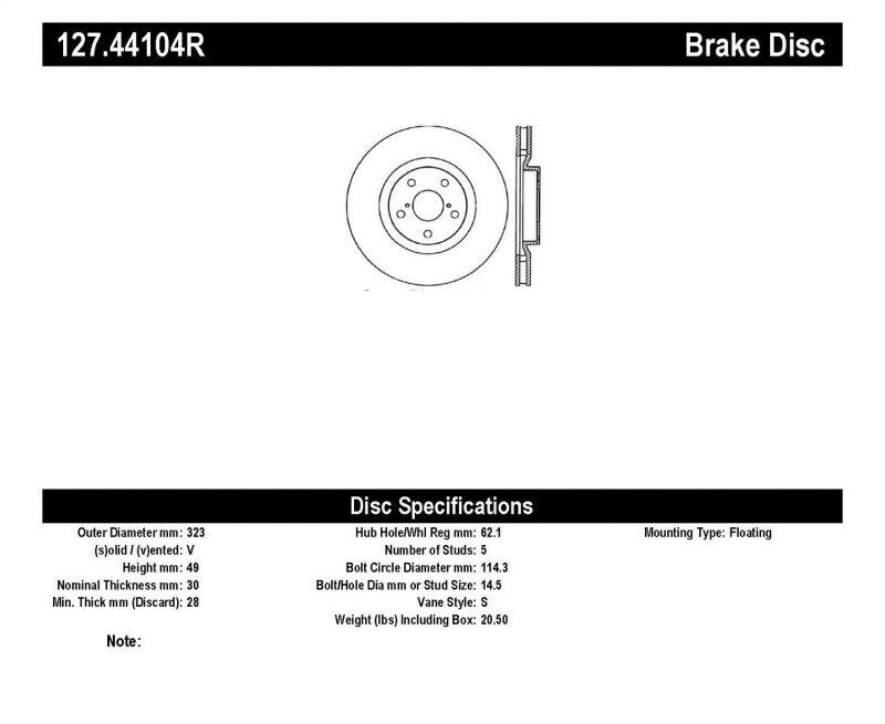 StopTech 127.44104R Sport Cross-Drilled And Slotted Disc Brake Rotor Fits Supra