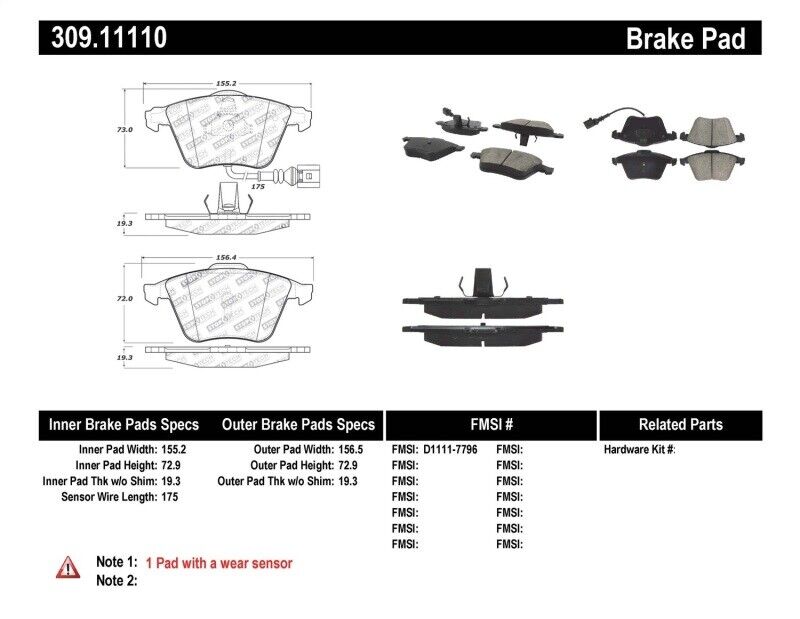 StopTech 309.11110 Sport Disc Brake Pad Set with Shims and Hardware