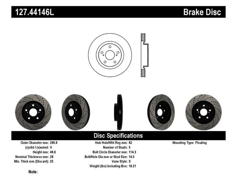 StopTech 127.44146L Sport Drilled & Slotted Front Left Disc Brake Rotor