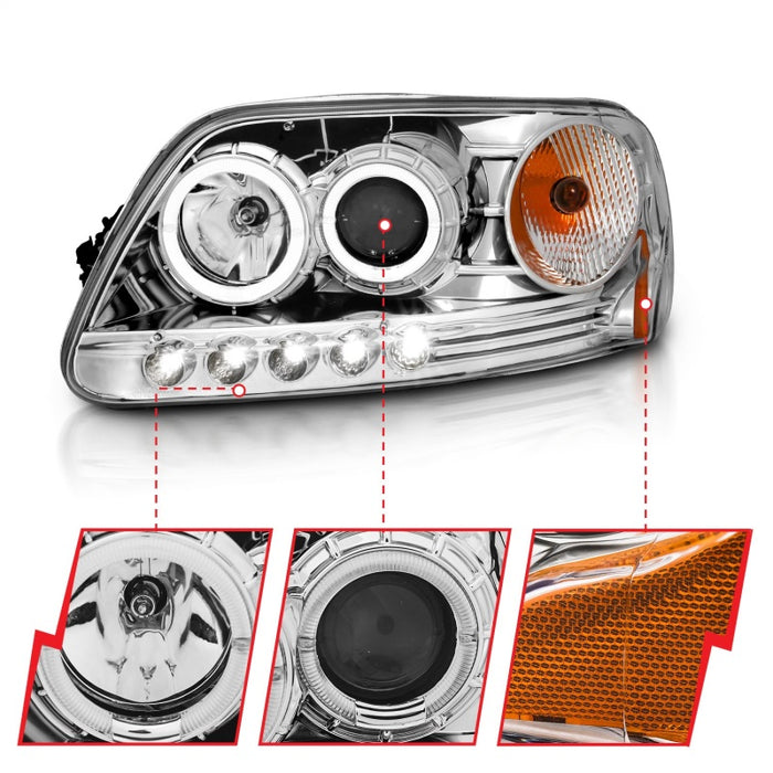 Anzo Fits 1997.5-2003 Ford F-150 Projector Headlights W/ Halo And LED Chrome 1pc