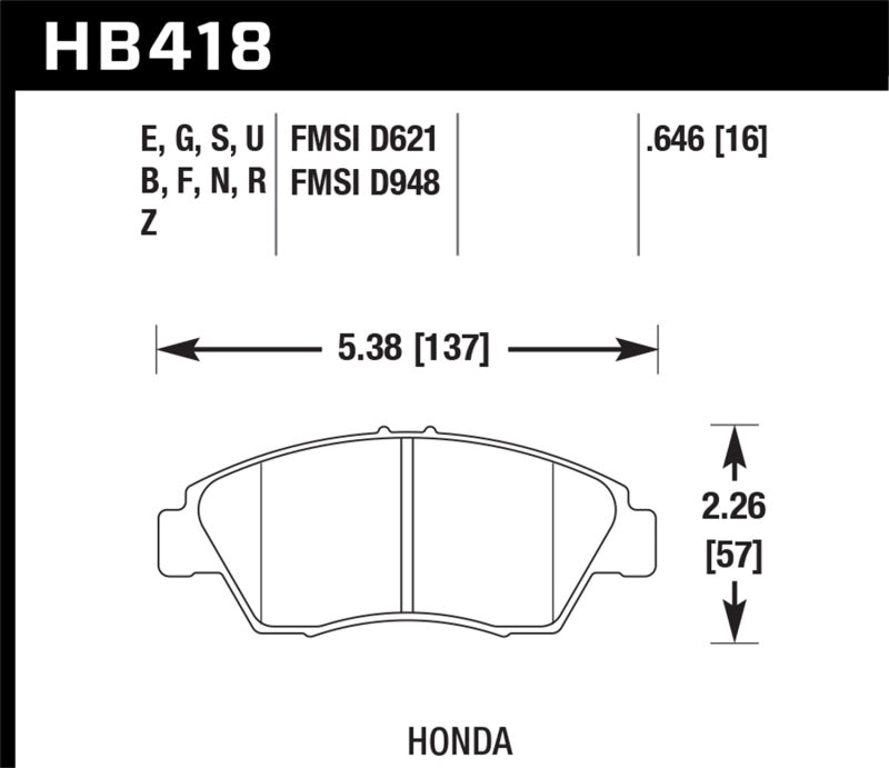 Fits Hawk 02-06 RSX (non-S) Front / 03-11 Civic Hybrid / 04-05 Civic Si HP