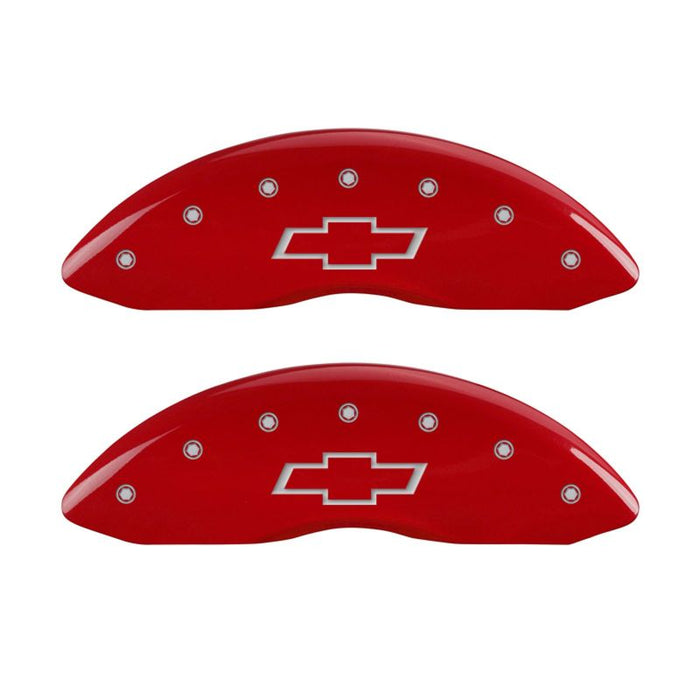 MGP Fits 4 Caliper Covers Engraved Front &amp; Rear Bowtie Red Finish Silver Ch