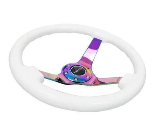 NRG Reinforced Steering Wheel (350mm / 3in. Deep) Classic White w/4mm Neochrome