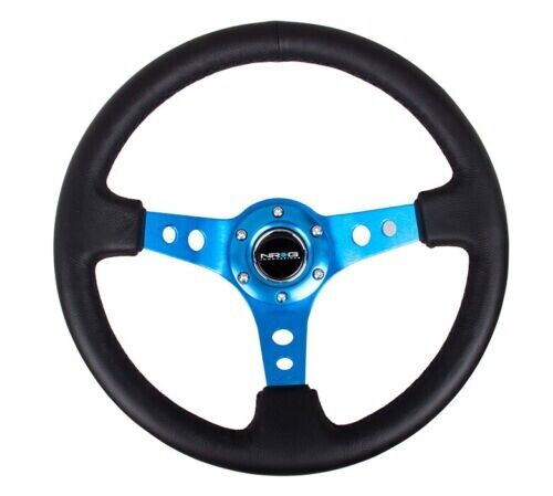 NRG Steering Wheel (350mm / 3in. Deep) Blk Leather w/Blue Circle Cutout Spokes