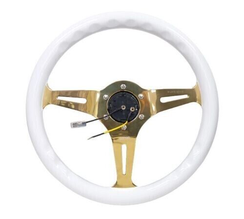 NRG Classic Wood Grain Steering Wheel 350mm White Grip w/Chrome Gold ST-015CG-WT