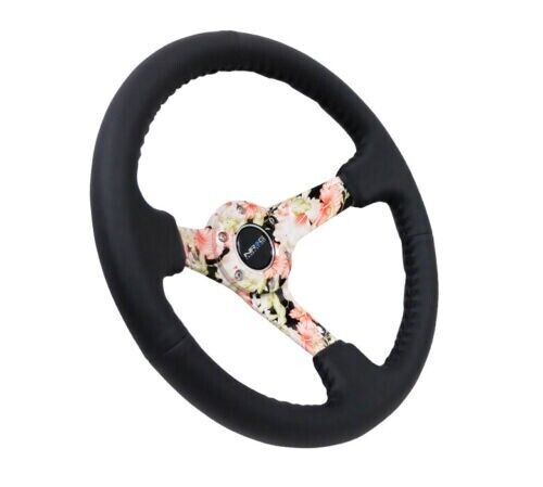 NRG 350mm 3" Deep Blck Leather Reinforced Steering Wheel Tropical Floral Spokes