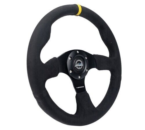 NRG 320mm Blck Alcantara Reinforced Flat Bottom Steering Wheel W/ 3 Blck Spokes