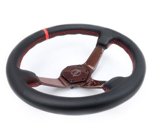 NRG - 350mm Red Carbon Fiber Steering Wheel W/ Leather Red Stripe & Stitching