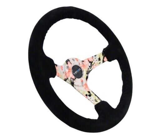 NRG 350mm 3" Deep Blck Suede Reinforced SteeringWheel Tropical Floral Spokes