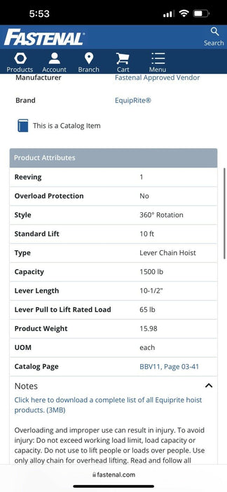 Equiprite Fastenal 1500lb 3/4 Ton Lever Hoist 10’ Free Shipping