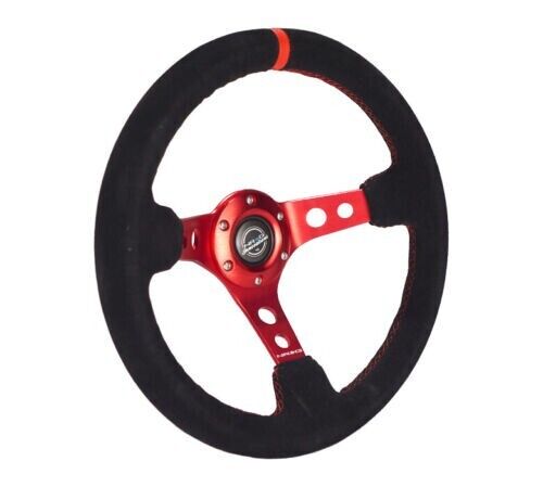 NRG 350mm Black Suede Red Stripe Steering Wheel W/3 Red Spokes RST-006S-RD