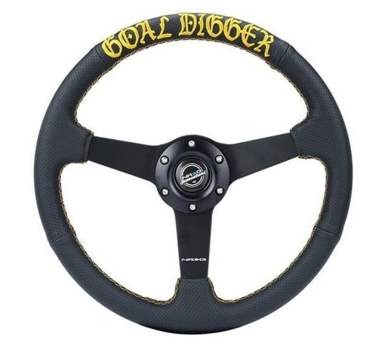NRG Sport Steering Wheel (350mm / 1.5in Deep) Black Leather/Gold Stitch w/Matte