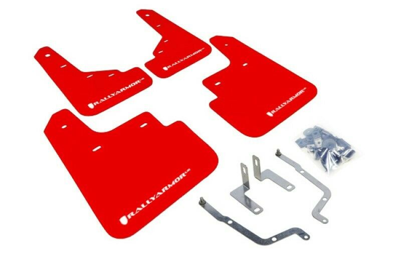 Rally Armor Mud Flaps Guards for 14-18 Mazda Mazda3 Red w/White Logo
