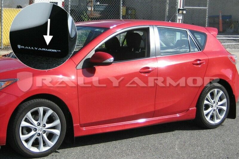 Rally Armor Black Mud Flaps w/ White Logo for 10-3 Mazda3 / Speed3 Hatch & Sedan