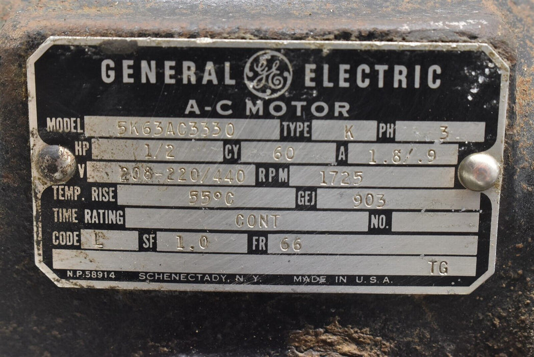 General Electrics Induction Motor Model 5K63AC3330 1/2HP 220/440 Phase 3