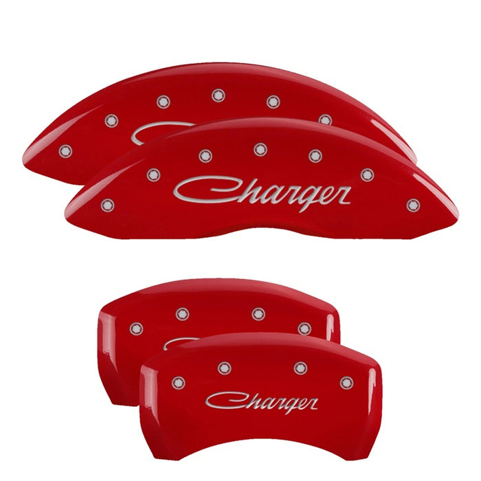 MGP Fits 4 Caliper Covers Engraved Front Cursive/Challenger Engraved Rear RT Red